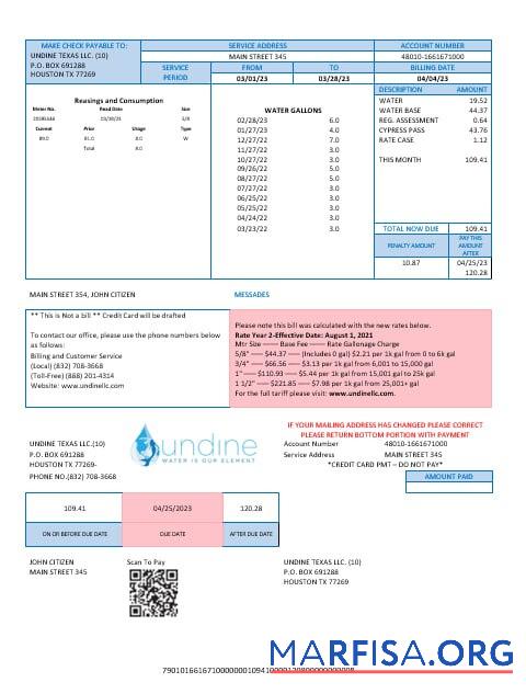 Downloadable USA Texas Undine water is our element water utility bill Word and PDF formats download for verification